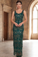 Load image into Gallery viewer, Sparkly Dark Green Sheath Sequin Fringed Scoop Neck Long 1920s Dress with Beading