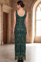 Load image into Gallery viewer, Sparkly Dark Green Sheath Sequin Fringed Scoop Neck Long 1920s Dress with Beading