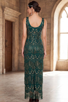 Sparkly Dark Green Sheath Sequin Fringed Scoop Neck Long 1920s Dress with Beading