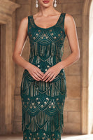 Load image into Gallery viewer, Sparkly Dark Green Sheath Sequin Fringed Scoop Neck Long 1920s Dress with Beading