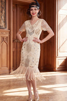 Load image into Gallery viewer, Apricot Bodycon Sparkly Sequin Beaded V-Neck Midi 1920s Dress with Fringes