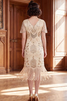 Load image into Gallery viewer, Apricot Bodycon Sparkly Sequin Beaded V-Neck Midi 1920s Dress with Fringes