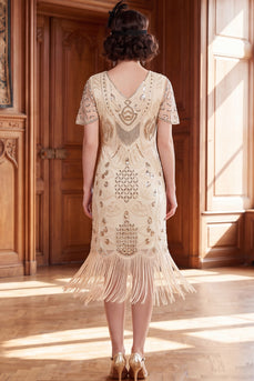Apricot Bodycon Sparkly Sequin Beaded V-Neck Midi 1920s Dress with Fringes