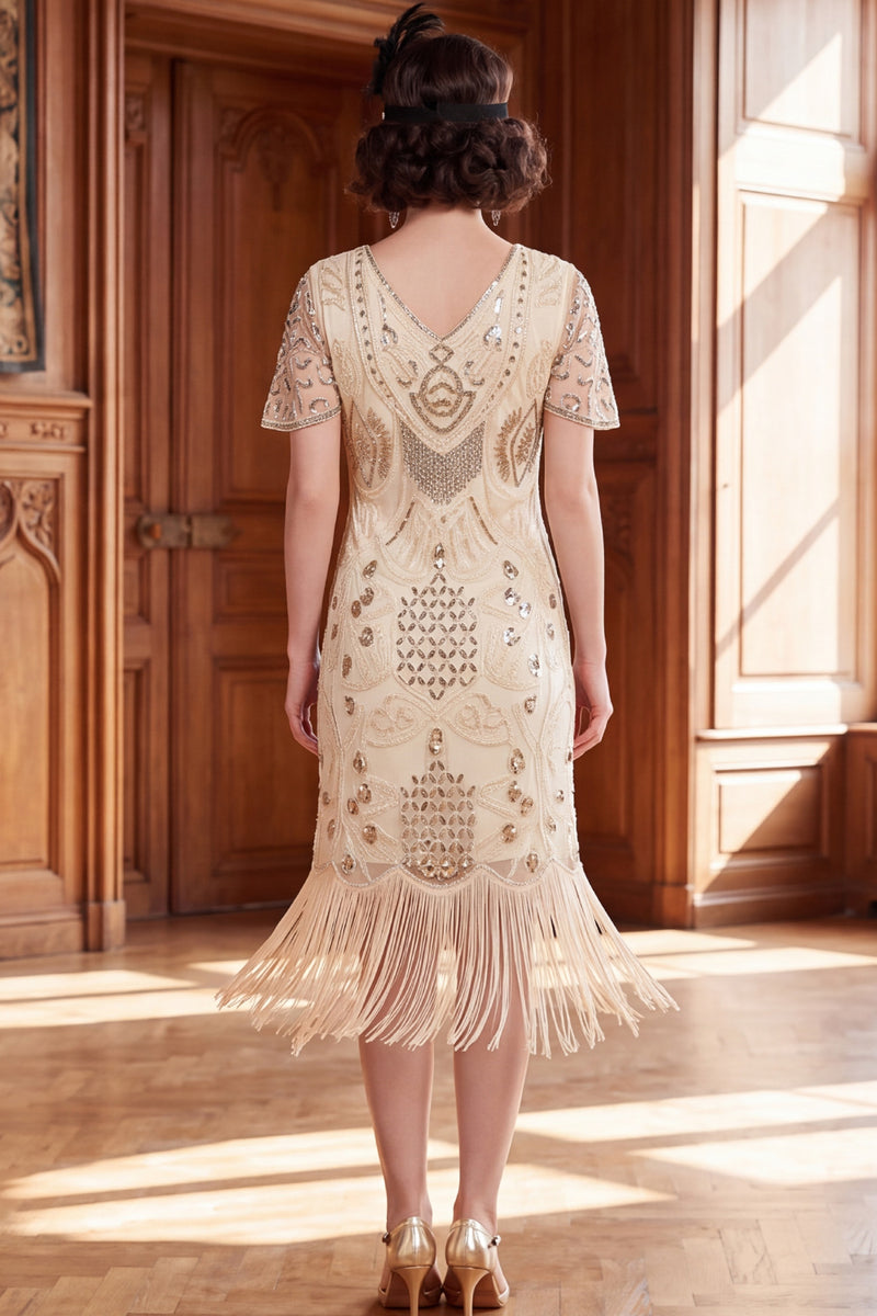 Load image into Gallery viewer, Apricot Bodycon Sparkly Sequin Beaded V-Neck Midi 1920s Dress with Fringes