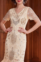 Load image into Gallery viewer, Apricot Bodycon Sparkly Sequin Beaded V-Neck Midi 1920s Dress with Fringes