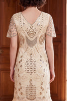 Load image into Gallery viewer, Apricot Bodycon Sparkly Sequin Beaded V-Neck Midi 1920s Dress with Fringes