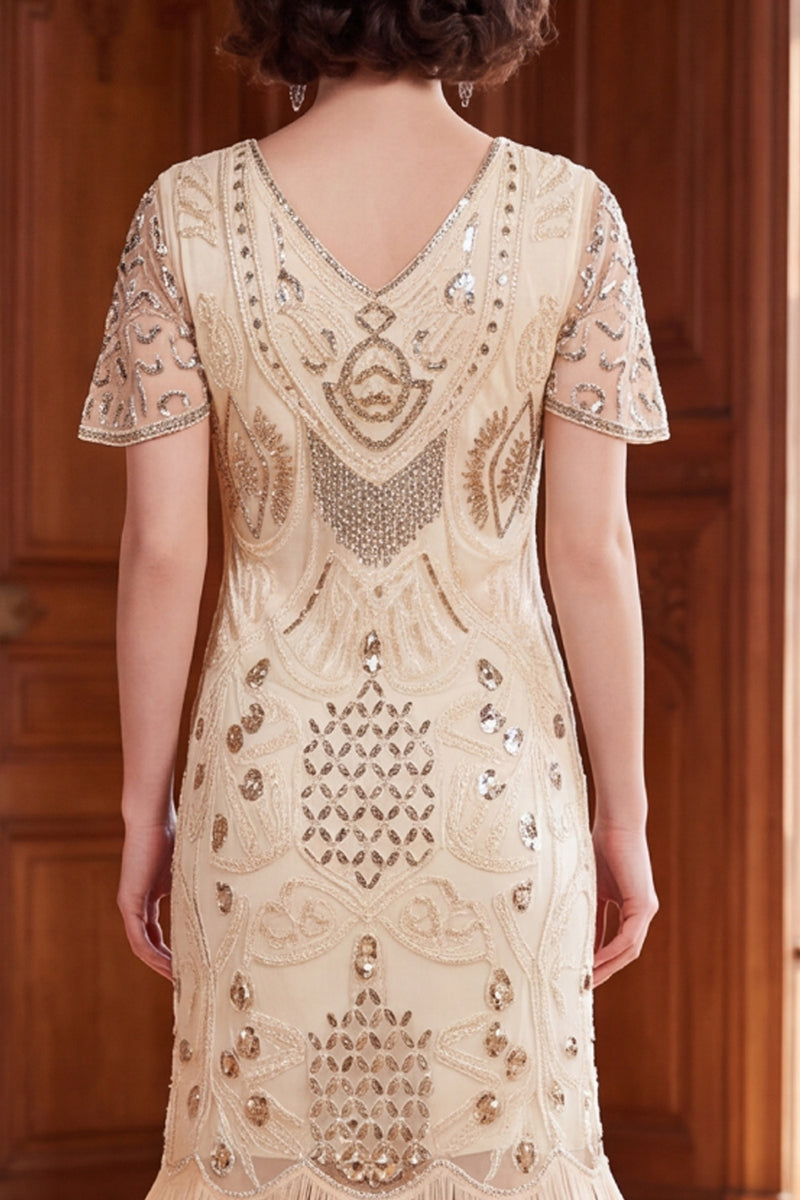 Load image into Gallery viewer, Apricot Bodycon Sparkly Sequin Beaded V-Neck Midi 1920s Dress with Fringes