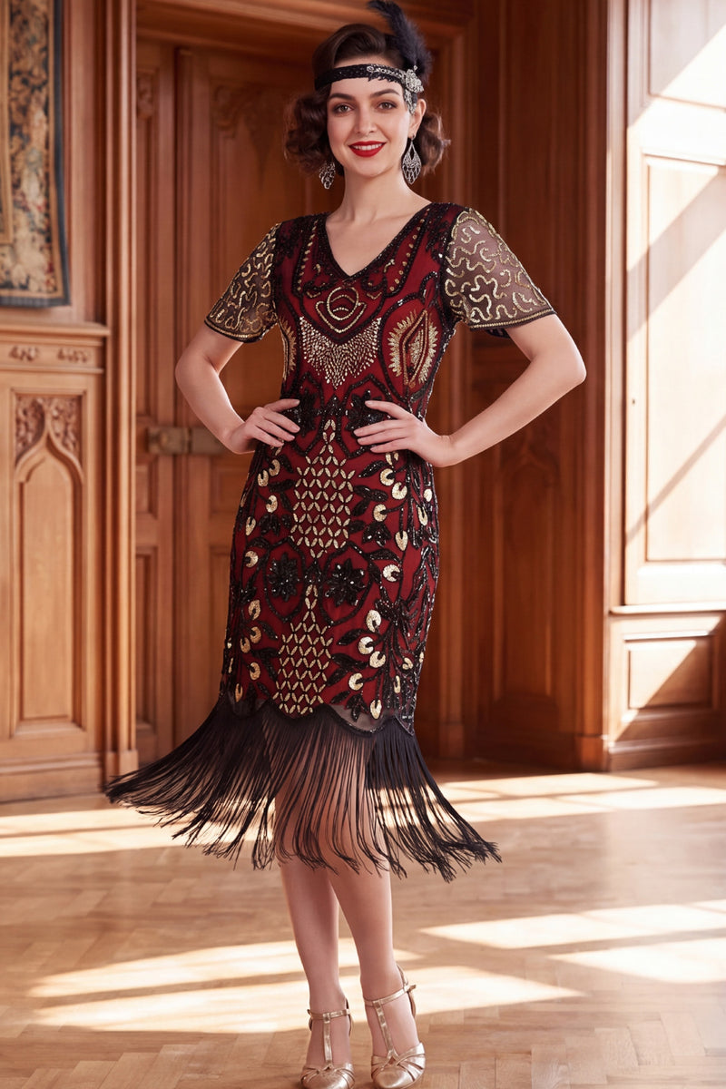 Load image into Gallery viewer, Apricot Bodycon Sparkly Sequin Beaded V-Neck Midi 1920s Dress with Fringes