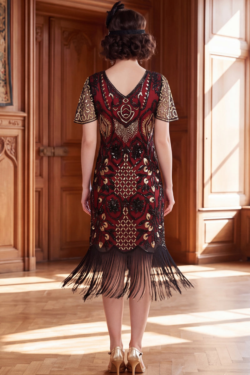 Load image into Gallery viewer, Apricot Bodycon Sparkly Sequin Beaded V-Neck Midi 1920s Dress with Fringes