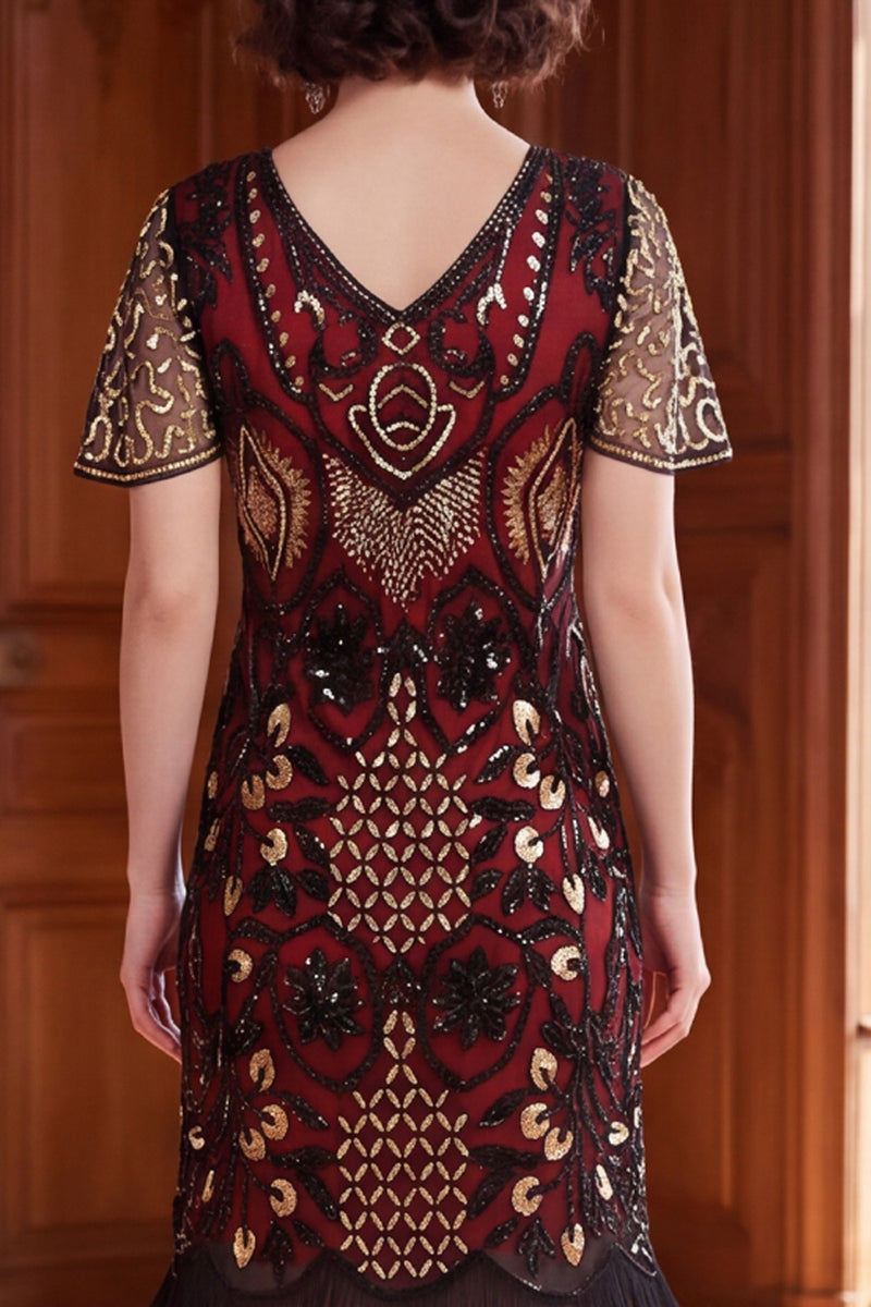 Load image into Gallery viewer, Apricot Bodycon Sparkly Sequin Beaded V-Neck Midi 1920s Dress with Fringes