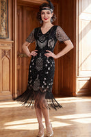 Load image into Gallery viewer, Apricot Bodycon Sparkly Sequin Beaded V-Neck Midi 1920s Dress with Fringes