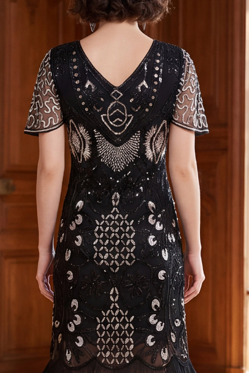 Load image into Gallery viewer, Apricot Bodycon Sparkly Sequin Beaded V-Neck Midi 1920s Dress with Fringes