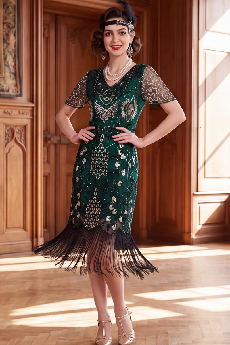 Load image into Gallery viewer, Apricot Bodycon Sparkly Sequin Beaded V-Neck Midi 1920s Dress with Fringes