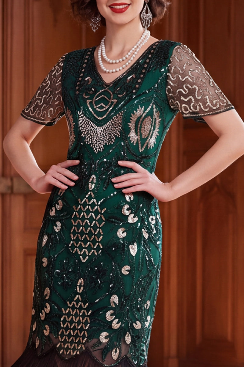 Load image into Gallery viewer, Apricot Bodycon Sparkly Sequin Beaded V-Neck Midi 1920s Dress with Fringes