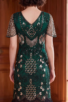 Load image into Gallery viewer, Apricot Bodycon Sparkly Sequin Beaded V-Neck Midi 1920s Dress with Fringes