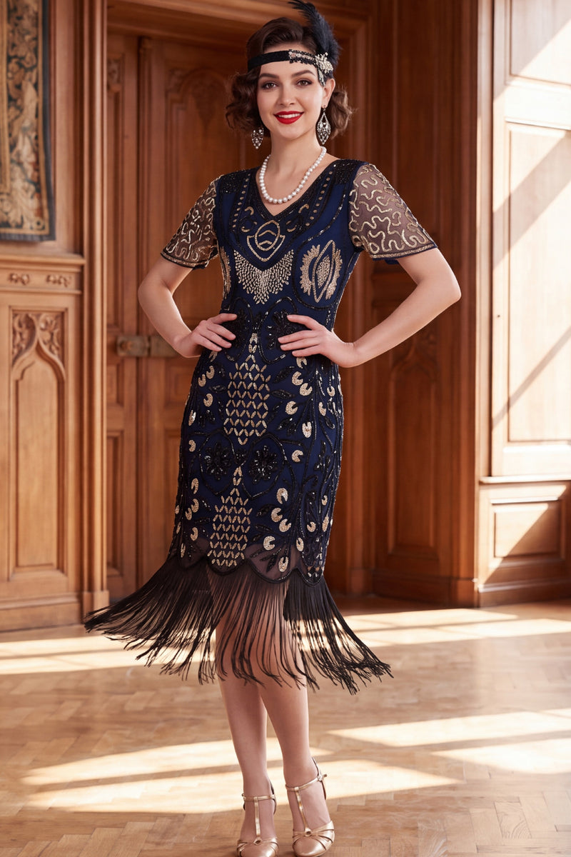 Load image into Gallery viewer, Apricot Bodycon Sparkly Sequin Beaded V-Neck Midi 1920s Dress with Fringes