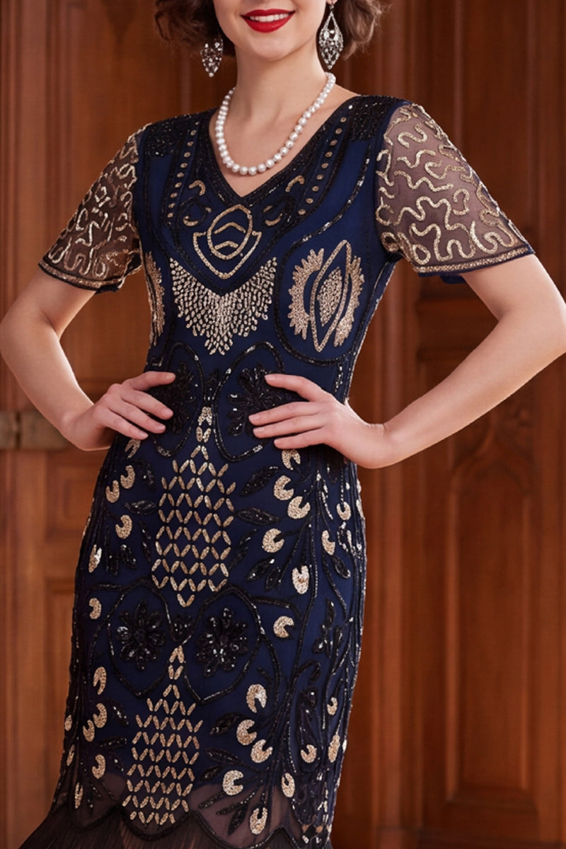 Load image into Gallery viewer, Apricot Bodycon Sparkly Sequin Beaded V-Neck Midi 1920s Dress with Fringes