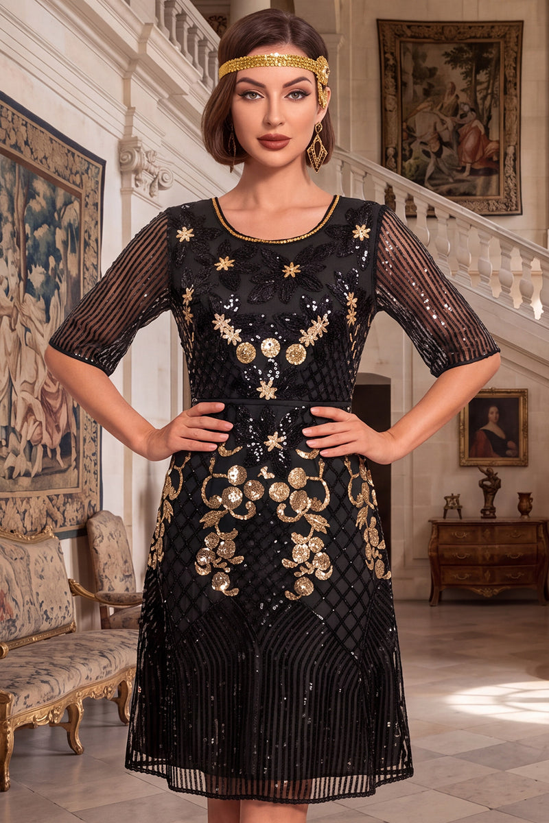 Load image into Gallery viewer, A Line Black Sparkly Sequin Sequin Round Neck Midi 1920s Dress with Beading