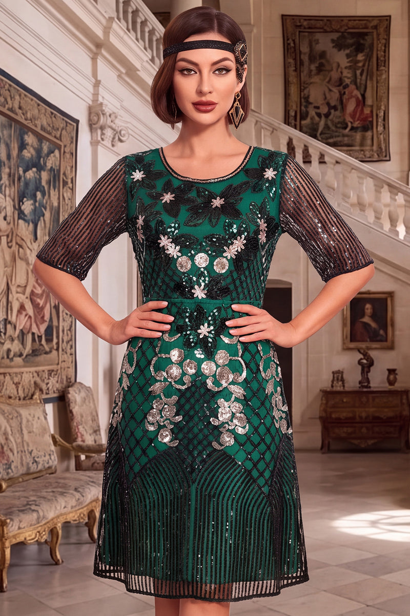 Load image into Gallery viewer, A Line Black Sparkly Sequin Sequin Round Neck Midi 1920s Dress with Beading