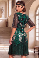 Load image into Gallery viewer, A Line Black Sparkly Sequin Sequin Round Neck Midi 1920s Dress with Beading