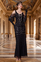 Load image into Gallery viewer, Sparkly Black Sheath Fringed Beaded Cold Shoulder Long 1920s Dress with Sequins