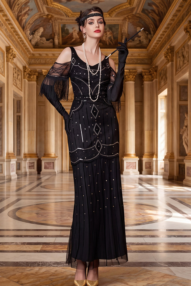 Load image into Gallery viewer, Sparkly Black Sheath Fringed Beaded Cold Shoulder Long 1920s Dress with Sequins