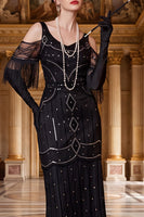 Load image into Gallery viewer, Sparkly Black Sheath Fringed Beaded Cold Shoulder Long 1920s Dress with Sequins