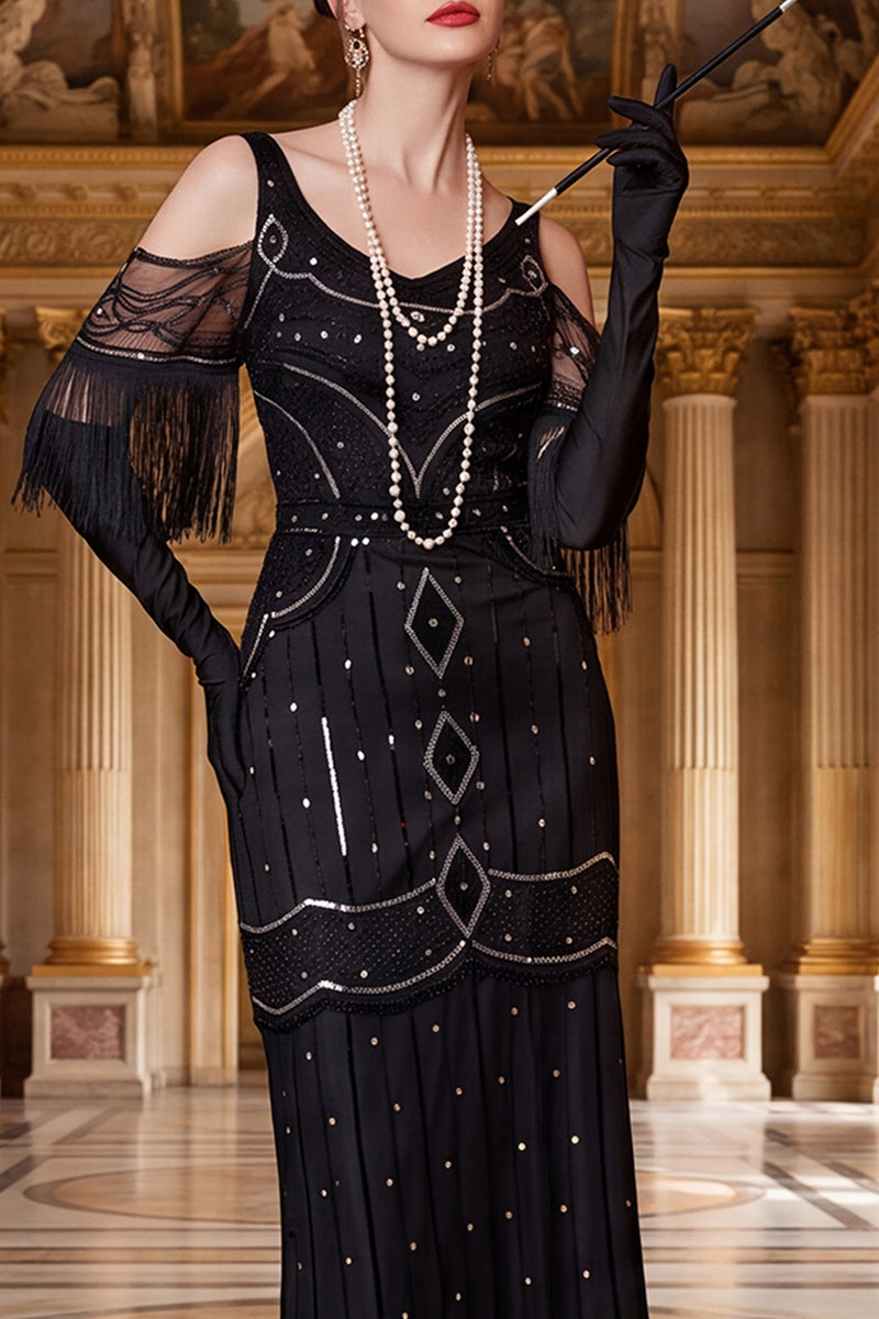 Load image into Gallery viewer, Sparkly Black Sheath Fringed Beaded Cold Shoulder Long 1920s Dress with Sequins