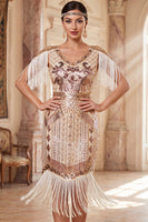 Load image into Gallery viewer, Apricot Sparkly Sequin Beaded V-Neck Midi 1920s Dress with Fringes