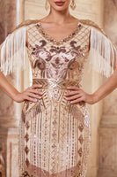 Load image into Gallery viewer, Apricot Sparkly Sequin Beaded V-Neck Midi 1920s Dress with Fringes