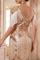 Load image into Gallery viewer, Apricot Sparkly Sequin Beaded V-Neck Midi 1920s Dress with Fringes