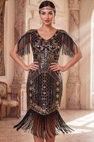 Load image into Gallery viewer, Apricot Sparkly Sequin Beaded V-Neck Midi 1920s Dress with Fringes