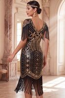 Load image into Gallery viewer, Apricot Sparkly Sequin Beaded V-Neck Midi 1920s Dress with Fringes