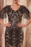 Load image into Gallery viewer, Apricot Sparkly Sequin Beaded V-Neck Midi 1920s Dress with Fringes