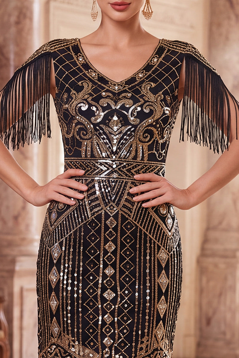 Load image into Gallery viewer, Apricot Sparkly Sequin Beaded V-Neck Midi 1920s Dress with Fringes