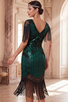 Load image into Gallery viewer, Apricot Sparkly Sequin Beaded V-Neck Midi 1920s Dress with Fringes