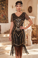 Load image into Gallery viewer, Bodycon Black Sparkly Beaded Sequin V-Neck Midi 1920s Dress with Fringes
