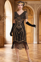 Load image into Gallery viewer, Bodycon Black Sparkly Beaded Sequin V-Neck Midi 1920s Dress with Fringes