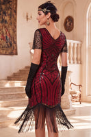 Load image into Gallery viewer, Bodycon Black Sparkly Beaded Sequin V-Neck Midi 1920s Dress with Fringes