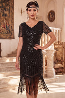 Load image into Gallery viewer, Bodycon Black Sparkly Beaded Sequin V-Neck Midi 1920s Dress with Fringes
