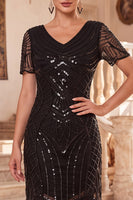 Load image into Gallery viewer, Bodycon Black Sparkly Beaded Sequin V-Neck Midi 1920s Dress with Fringes