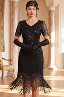 Load image into Gallery viewer, Bodycon Black Sparkly Beaded Sequin V-Neck Midi 1920s Dress with Fringes