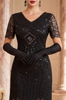 Load image into Gallery viewer, Bodycon Black Sparkly Beaded Sequin V-Neck Midi 1920s Dress with Fringes