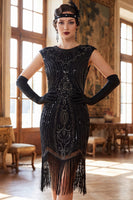 Load image into Gallery viewer, Black Sparkly Bodycon Sequin Beaded Round Neck Midi 1920s Dress with Fringes