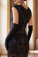Load image into Gallery viewer, Black Sparkly Bodycon Sequin Beaded Round Neck Midi 1920s Dress with Fringes