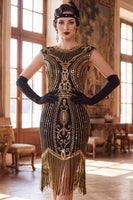 Load image into Gallery viewer, Black Sparkly Bodycon Sequin Beaded Round Neck Midi 1920s Dress with Fringes