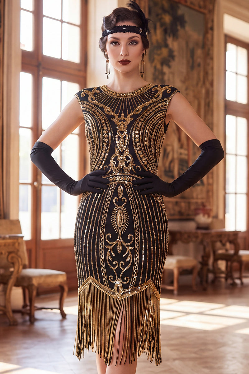 Load image into Gallery viewer, Black Sparkly Bodycon Sequin Beaded Round Neck Midi 1920s Dress with Fringes
