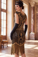Load image into Gallery viewer, Black Sparkly Bodycon Sequin Beaded Round Neck Midi 1920s Dress with Fringes