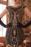 Load image into Gallery viewer, Black Sparkly Bodycon Sequin Beaded Round Neck Midi 1920s Dress with Fringes