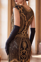 Load image into Gallery viewer, Black Sparkly Bodycon Sequin Beaded Round Neck Midi 1920s Dress with Fringes